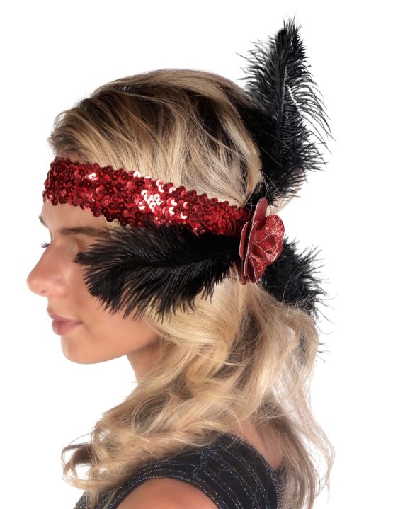 Red Sequin Flapper Headband with Rose and Feathers