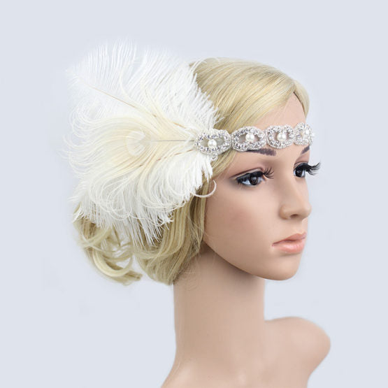 Silver Beaded Flapper Headband with White Feathers