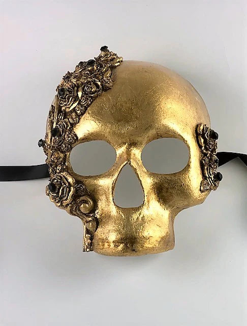 Venetian Skull Mask - Skulls and Roses – Gold with Black Crystals