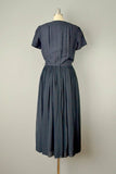 1950s Shantung Dress / Navy Blue Silk Chiffon and Shantung Dress / Size Medium Large