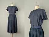 1950s Shantung Dress / Navy Blue Silk Chiffon and Shantung Dress / Size Medium Large