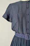 1950s Shantung Dress / Navy Blue Silk Chiffon and Shantung Dress / Size Medium Large