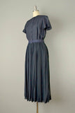1950s Shantung Dress / Navy Blue Silk Chiffon and Shantung Dress / Size Medium Large