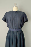 1950s Shantung Dress / Navy Blue Silk Chiffon and Shantung Dress / Size Medium Large
