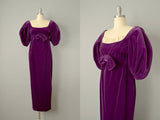 1960s Plum Velvet Regency Sleeved Dress / Purple Velvet gown / Statement Sleeves / Size Small