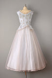 1940’s Blue Tulle and Taffeta Dress w/ Embroidered Butterflies / Size Small