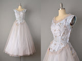 1940’s Blue Tulle and Taffeta Dress w/ Embroidered Butterflies / Size Small