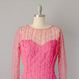 1950’s Grace Poliner Gown / Pink Silk & Raffia Mermaid Dress /  Raffia Dress / 1950s Bombshell Dress /  Vintage Designer / Size Medium