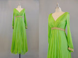 1960s Green Silk Chiffon and Gold Evening Gown // Size Small