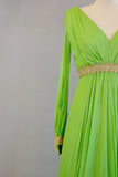 1960s Green Silk Chiffon and Gold Evening Gown // Size Small