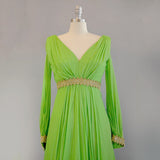 1960s Green Silk Chiffon and Gold Evening Gown // Size Small