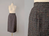1950s Tweed Skirt / Brown Pale Green Flecked Wool Tweed Pencil Skirt / Size Small