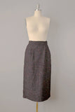 1950s Tweed Skirt / Brown Pale Green Flecked Wool Tweed Pencil Skirt / Size Small