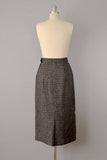 1950s Tweed Skirt / Brown Pale Green Flecked Wool Tweed Pencil Skirt / Size Small