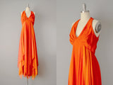 1970s Gown / 1970’s Chiffon Gown / 1970s Formal Dress / Goddess Dress / Orange Chiffon Dress / Dress with Cape / Small