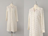 Nat Kaplan Embroidered Ivory Cotton Shirtwaist 1960s Dress / Size Medium