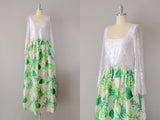 1970s Floral Maxi / Designer Dress by Richilene / Green Floral Taffeta and Lace Maxi Dress  / Size Small Extra Small
