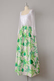1970s Floral Maxi / Designer Dress by Richilene / Green Floral Taffeta and Lace Maxi Dress  / Size Small Extra Small