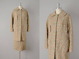 1950s Wool Suit / Brown Houndstooth Wool Suit with Coat / Size Small Medium