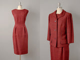 1950s Dress Set / Ben Reig Dress / Red Houndstooth Wool Dress Set with Matching Jacket / Size Medium Large