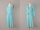 1960’s Bill Blass Aqua Silk Dress w/ Matching Jacket / 60s Dress Set / Size Medium