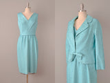 1960’s Bill Blass Aqua Silk Dress w/ Matching Jacket / 60s Dress Set / Size Medium