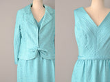 1960’s Bill Blass Aqua Silk Dress w/ Matching Jacket / 60s Dress Set / Size Medium