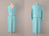 1960’s Bill Blass Aqua Silk Dress w/ Matching Jacket / 60s Dress Set / Size Medium