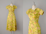 1950s Floral Print Silk Gown / 50s Dress / Yellow Print Dress /Size Small