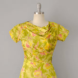 1950s Floral Print Silk Gown / 50s Dress / Yellow Print Dress /Size Small