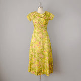 1950s Floral Print Silk Gown / 50s Dress / Yellow Print Dress /Size Small