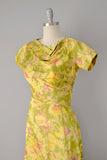 1950s Floral Print Silk Gown / 50s Dress / Yellow Print Dress /Size Small