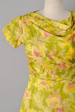 1950s Floral Print Silk Gown / 50s Dress / Yellow Print Dress /Size Small