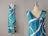 1960s Silk Maxi Dress / Turquoise And Blue Brush Stroke Printed Maxi Dress / Size Medium Large