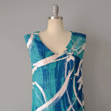 1960s Silk Maxi Dress / Turquoise And Blue Brush Stroke Printed Maxi Dress / Size Medium Large