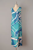 1960s Silk Maxi Dress / Turquoise And Blue Brush Stroke Printed Maxi Dress / Size Medium Large