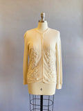 1950s Sequined Cashmere Cardigan / Cashmere Sweater / White Beaded Sweater / Beaded Sweater / Size Medium Large