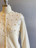1950s Cream Sequined Cardigan / Beaded Sweater / White Beaded Sweater / Size Medium Large