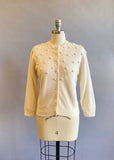 1950s Cream Sequined Cardigan / Beaded Sweater / White Beaded Sweater / Size Medium Large