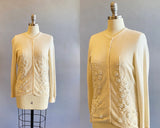 1950s Sequined Cashmere Cardigan / Cashmere Sweater / White Beaded Sweater / Beaded Sweater / Size Medium Large