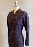 1950s Wiggle Dress / 50s Office Dress / Black And Purple Check Dress / Size Extra Small / Size Small
