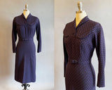 1950s Wiggle Dress / 50s Office Dress / Black And Purple Check Dress / Size Extra Small / Size Small