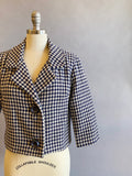 1960s Navy Houndstooth Jacket / Cropped Wool Jacket / Navy and White Check Print Jacket / Size Medium