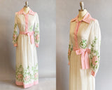 Pat Sandler Dress / 1970s Pink and White Floral Hostess Dress / Embroidered Dress / Garden Party Dress / Size: Small