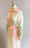 Pat Sandler Dress / 1970s Pink and White Floral Hostess Dress / Embroidered Dress / Garden Party Dress / Size: Small