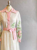 Pat Sandler Dress / 1970s Pink and White Floral Hostess Dress / Embroidered Dress / Garden Party Dress / Size: Small