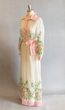 Pat Sandler Dress / 1970s Pink and White Floral Hostess Dress / Embroidered Dress / Garden Party Dress / Size: Small