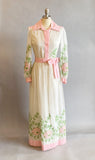 Pat Sandler Dress / 1970s Pink and White Floral Hostess Dress / Embroidered Dress / Garden Party Dress / Size: Small