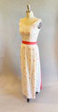 1950s Gown / 50s White Gown With Train / Embroidered Stars / 1950s Cotton Long Dress / Embroidered Flower Print Dress / Size Small