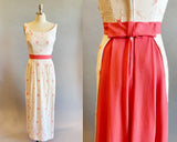 1950s Gown / 50s White Gown With Train / Embroidered Stars / 1950s Cotton Long Dress / Embroidered Flower Print Dress / Size Small